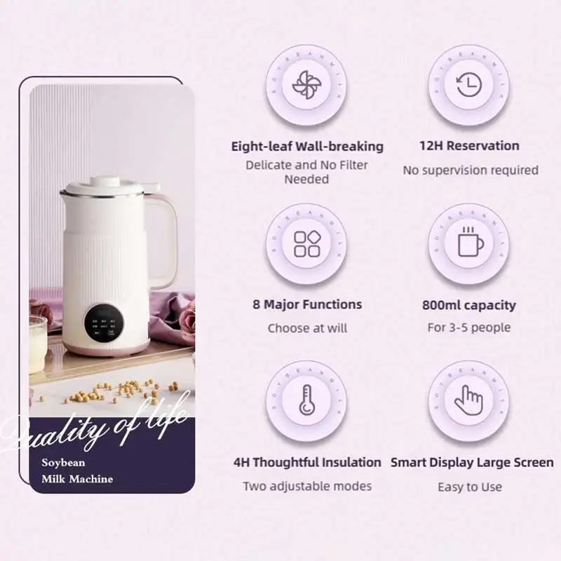 TINSOL 800 مللي صانع حليب الصويا متعدد الوظائف خلاط عالي السرعة عصارة كهربائية بدون فلتر صانع حليب الصويا 304 بطانة من الفولاذ المقاوم للصدأ