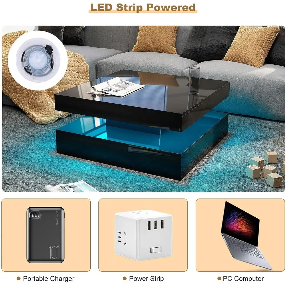 Contemporary 2-Tier Square LED Coffee Table with Storage for Living and Dining Rooms