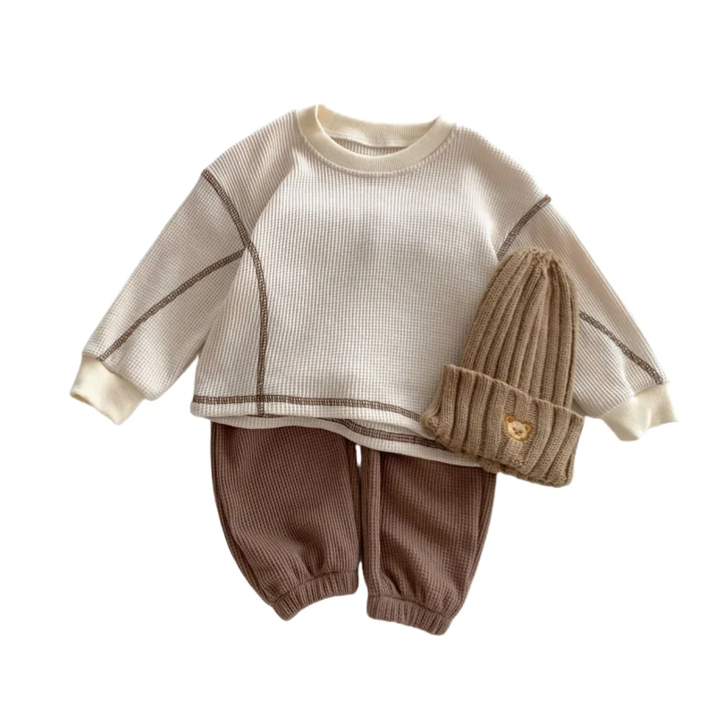 

2PCS Waffle Patchwork Infant Baby Clothes Set Long Sleeve Casual Blouse and Straight Pants Boys Girl Homewear Outfits