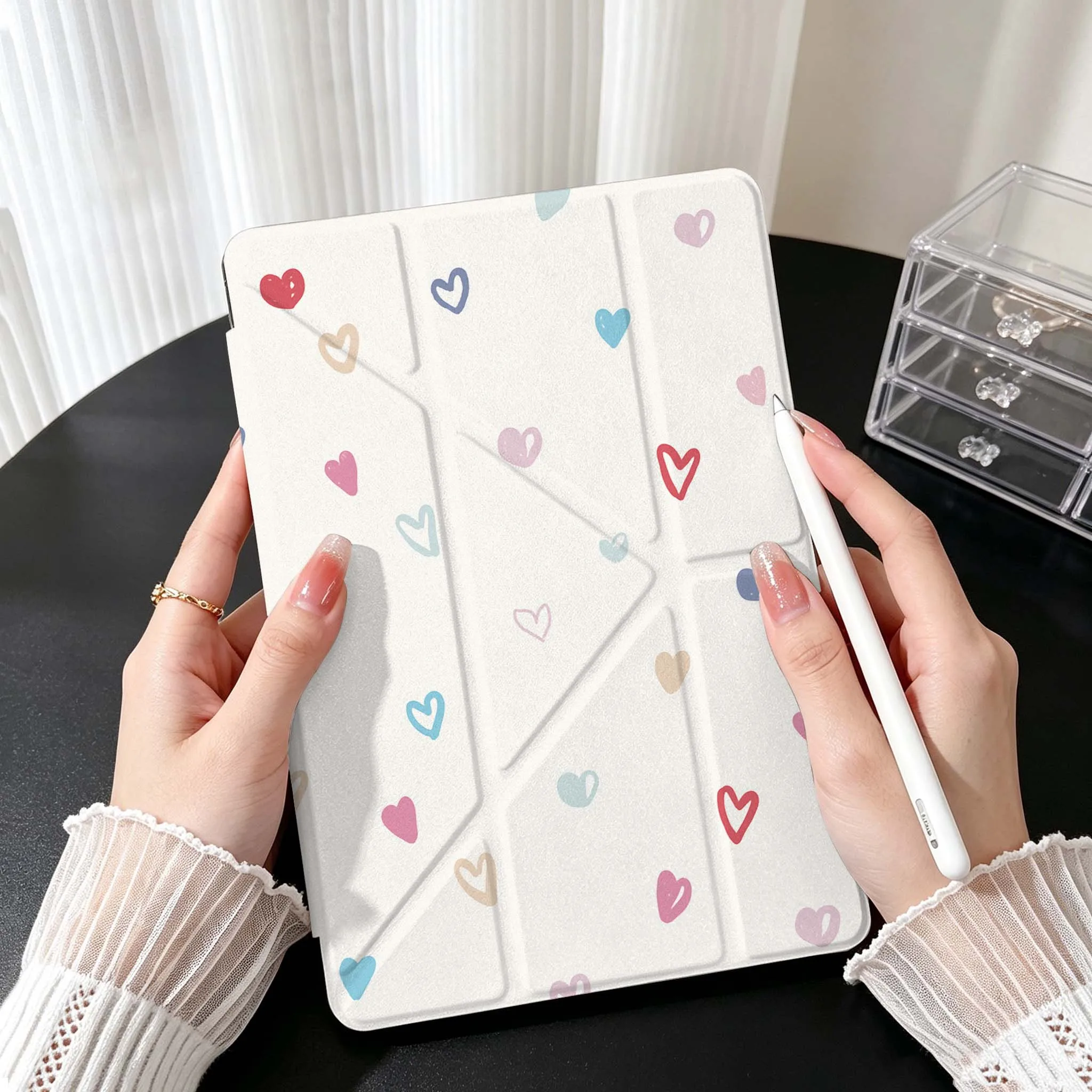 Cartoon Red Pink Hearts For Samsung Galaxy Tab A9 A8 A11 S6 S7 S8 S9 S10 FE Plus Lite Transparent Y-Shaped Folding Tablet Case