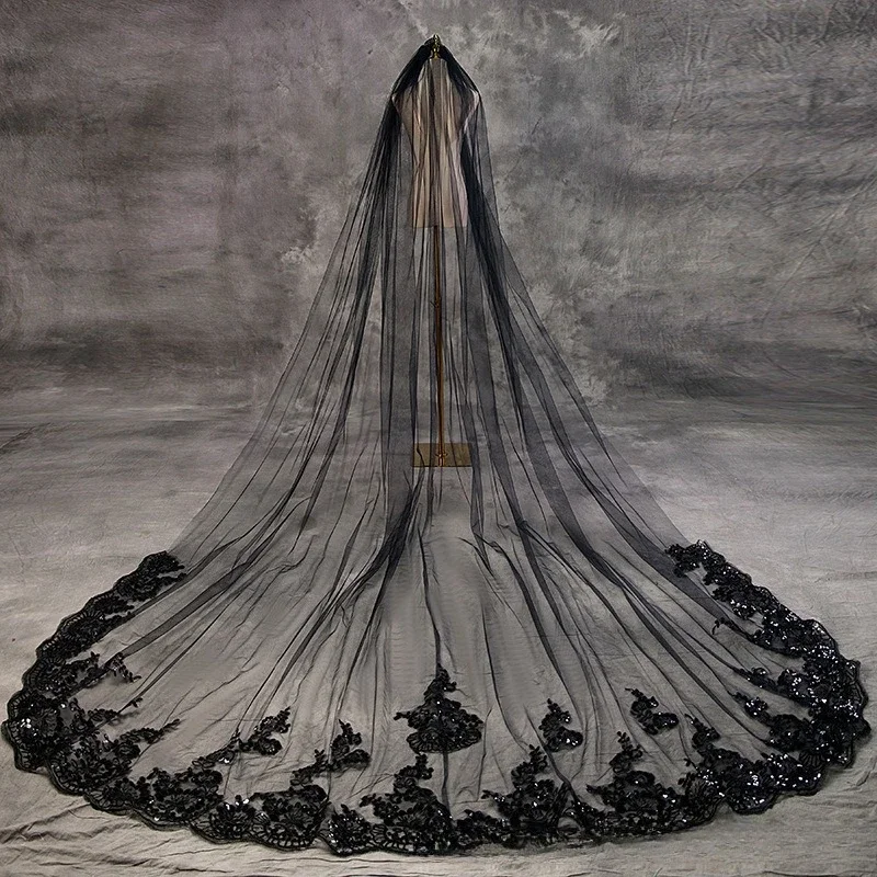 European single-layer long black veil, lace sequins, large lace veil, bridal style photo, headgear trailing yarn