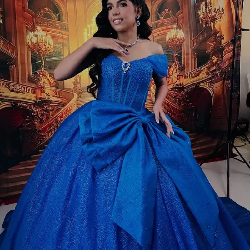 

Shiny dark blue Off Shoulder Quinceanera Dress Tull glitter decal Lace Bow vestidos de 15 Quinceanera ﻿Customized