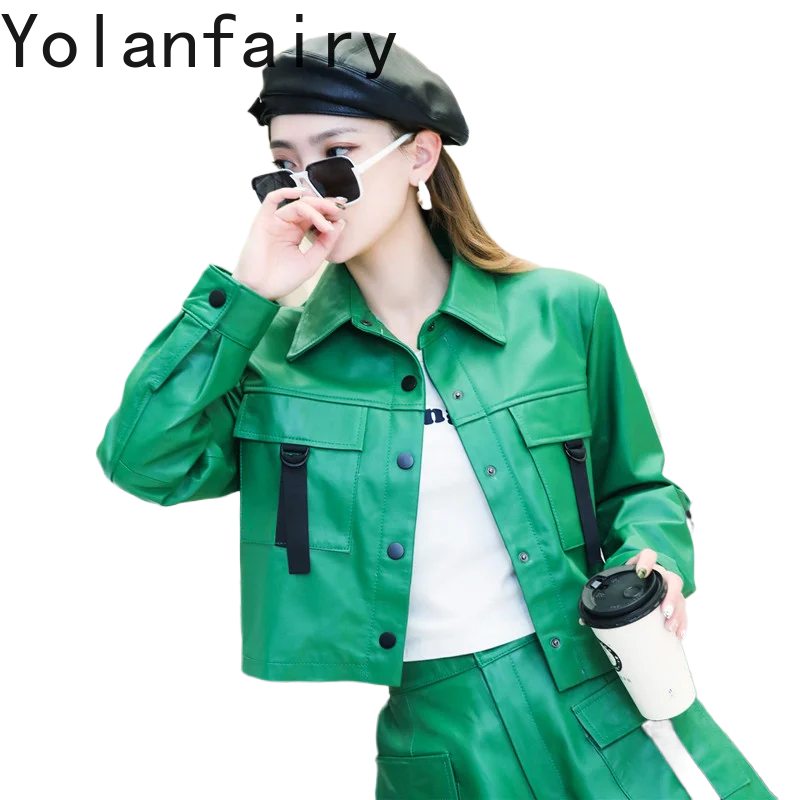 YOLANFAIRY 2026 Otoño Invierno, Abrigo de Piel de Oveja Real para Mujer, Estilo Coreano, Chaqueta Corta de Cuero Genuino de Manga Larga, Casaco Feminino