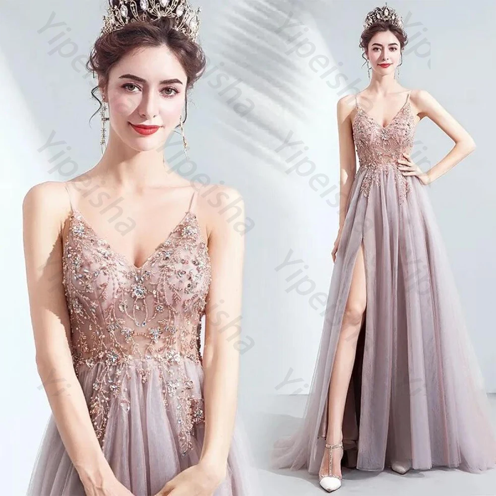Robe de soirée en Tulle rose de haute qualité, longueur au sol, col en v, bretelles Spaghetti, robe de bal avec des Appliques de perles, ligne a personnalisée