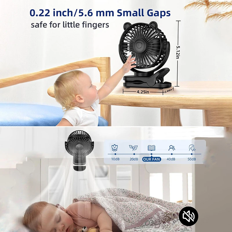 Cat Ear Clip On Fan, Ventilador De Operação Ajustável, 3 velocidades