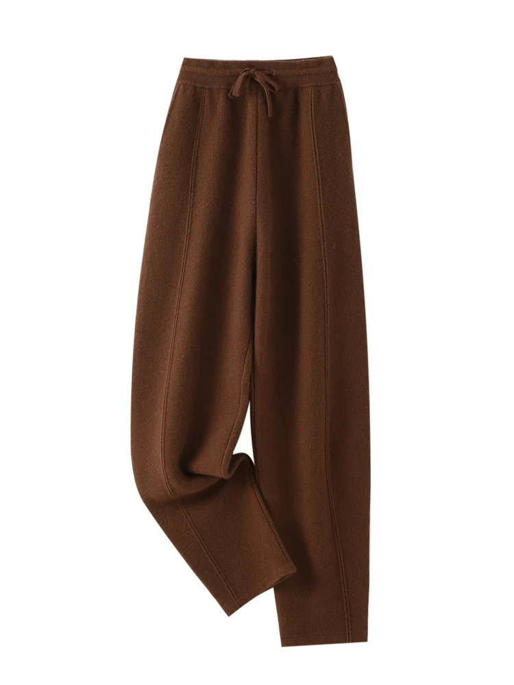

Casual Pockets Banana Pants Women Knit Thick Cashmere Pencil Pants Drawstring Elastic Trousers Autumn Winter 100% Cashmere Pants