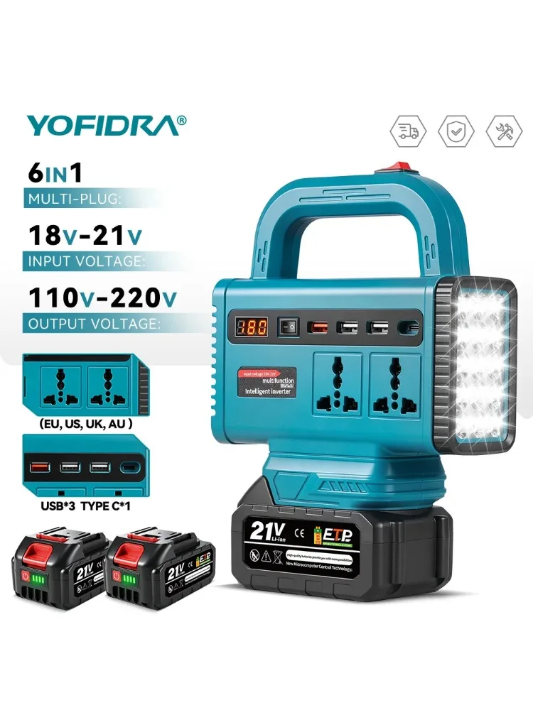 YOFIDRA Tragbarer Stromwechselrichter 110V/220V Tragbarer Generator für Outdoor-Camping und Notstromversorgung für Makita-Akkus