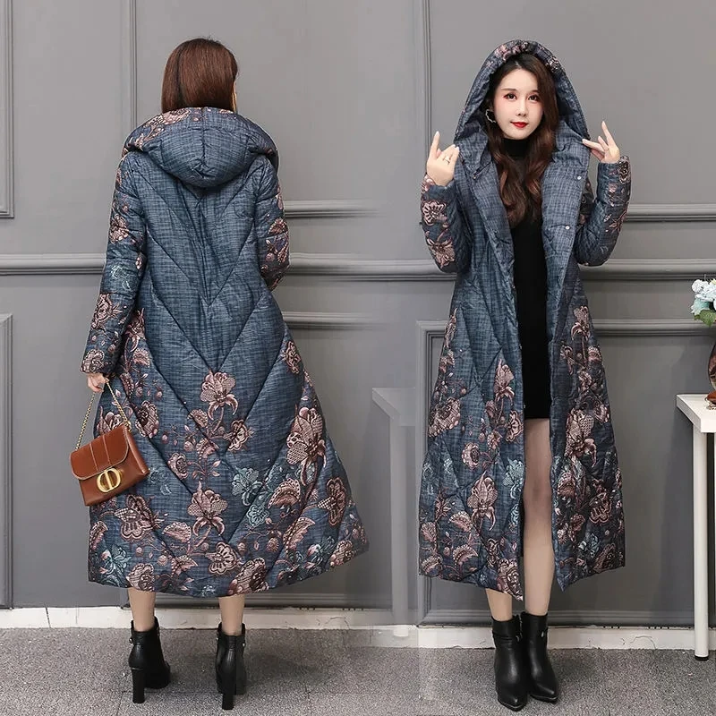 Ethnic style Down cotton Jacket Parka Women\'s 2024 Winter New Print Hooded Coat Female Loose Thicken Overcoat Warm Long Parkas