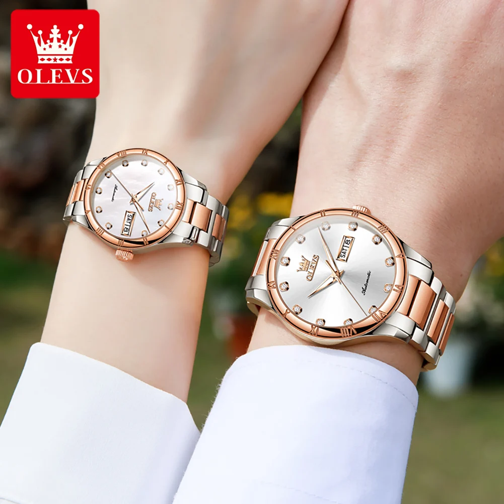 OLEVS-Montre mécanique automatique en acier inoxydable pour couple, montres pour amoureux, étanche, mode décontractée, originale, son et sa montre