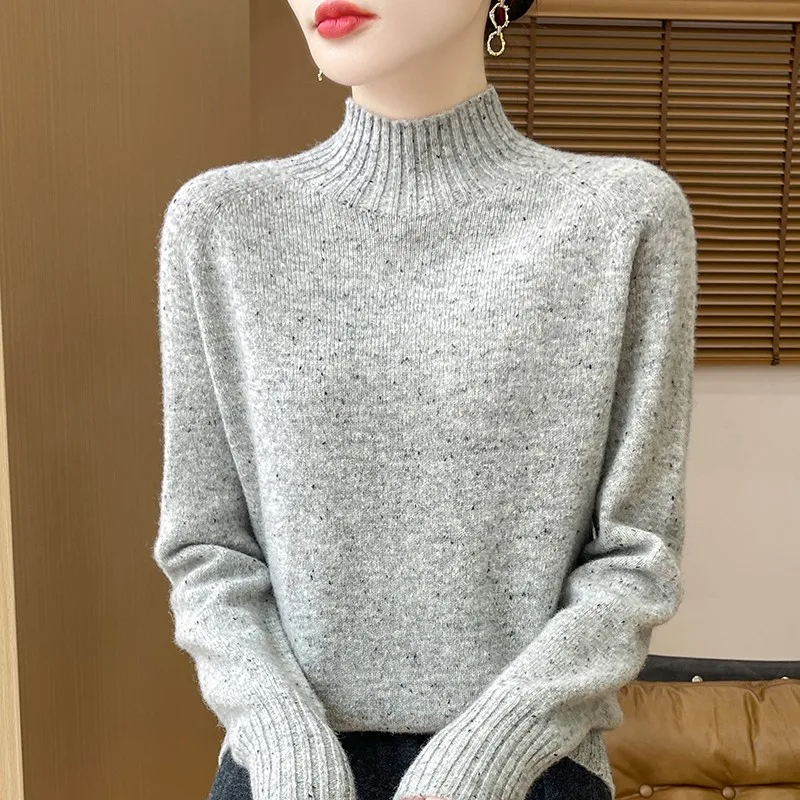 Women's Half Height Neck 100% Pure Wool Sweater Women's Fall/Winter Dot Yarn Soft Pullover Knitted Thick Warm Outdoor Casual Top