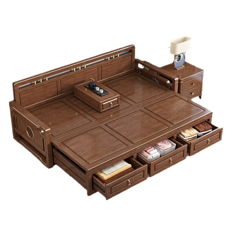 

New Chinese Solid Wood Arhat Bed Walnut Living Room Zen Small Apartment Household Sofa Arhat Bed Homestay with Kang Ji