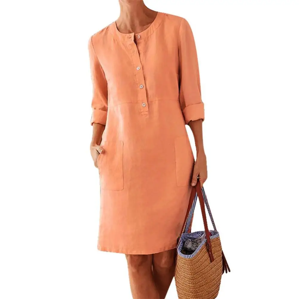 Vestido casual de linho algodão feminino, túnica manga comprida, bolso solto, monocromático, kaftan, verão