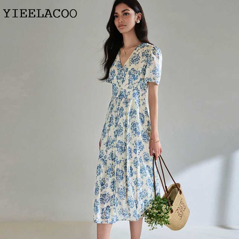 

Floral dress short sleeved slim 2026 spring / autumn women's dress Leisure vacation one-piece Ladies Classic bottoming dress