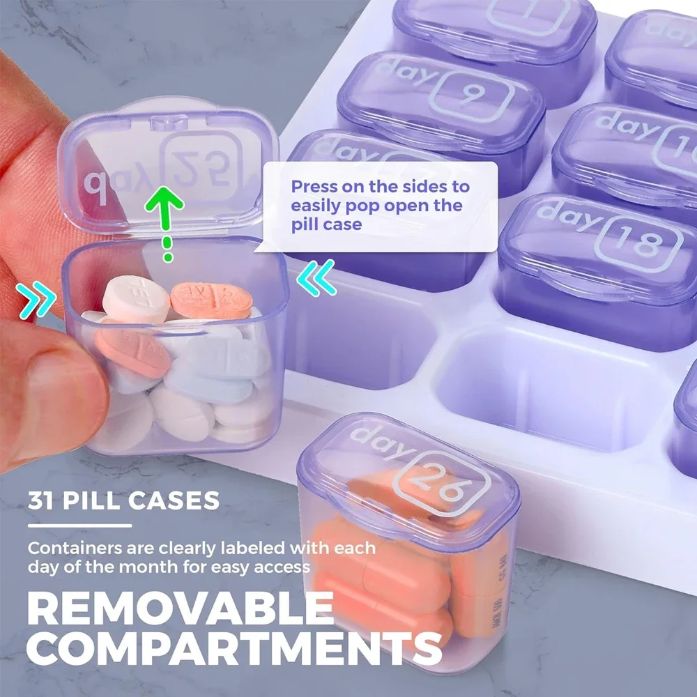 1 قطعة منظم حبوب الشهرية لمدة 31 يومًا، حامل صندوق أدوية حبوب الدواء المحمول للطب اليومي/فيتامين/زيوت الأسماك/الملحق