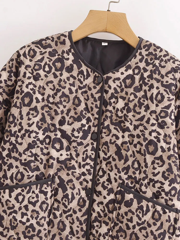 TRAF 2024 Autumn Retro Leopard Print Pockets Coats For Women Fashion Casual Long Sleeve Bomber Jacket Female Chic Outerwear