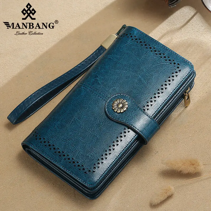 

【Genuine Cowhide Leather & 24 Card Slots】ManBang Brand Women's Wallet Long Zipper Female Vertical Large Capacity Purse