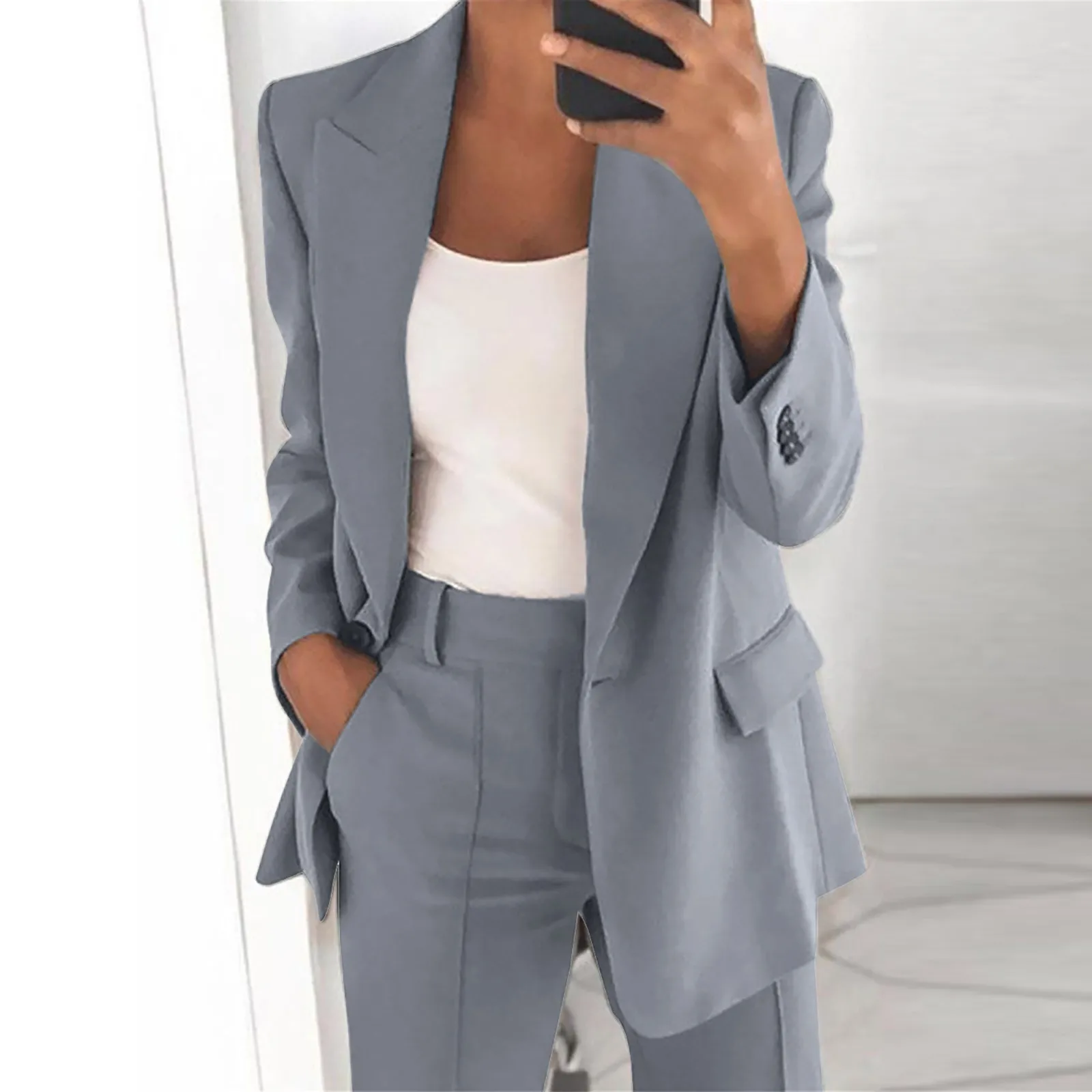 

Fashion Lapel Blazer Pant Suits Women V-Neck Office Lady Jacket Elegant Cardigan Trouser Full Sleeve Pocket Workwear Sets Jacket