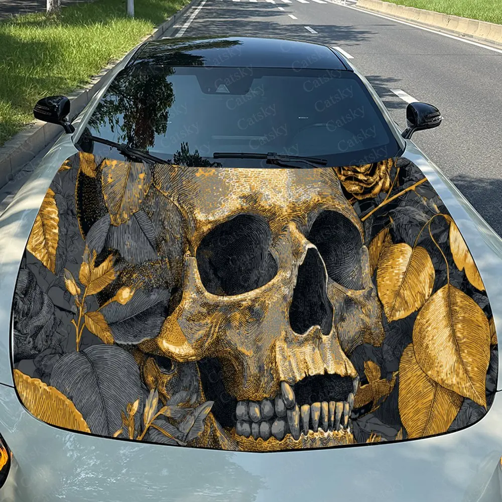 Car Decal Golden Skull with Intricate Ornamental Element in Dark Gothic Design, Creating a Bold and Luxurious Visual Car Hood St