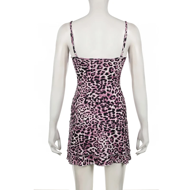 BIKPIIK-Mini vestido de leopardo com retalhos de renda feminino, alça de espaguete rosa, corte baixo, vestido deslizante em camadas, casual slim fit, moda feminina