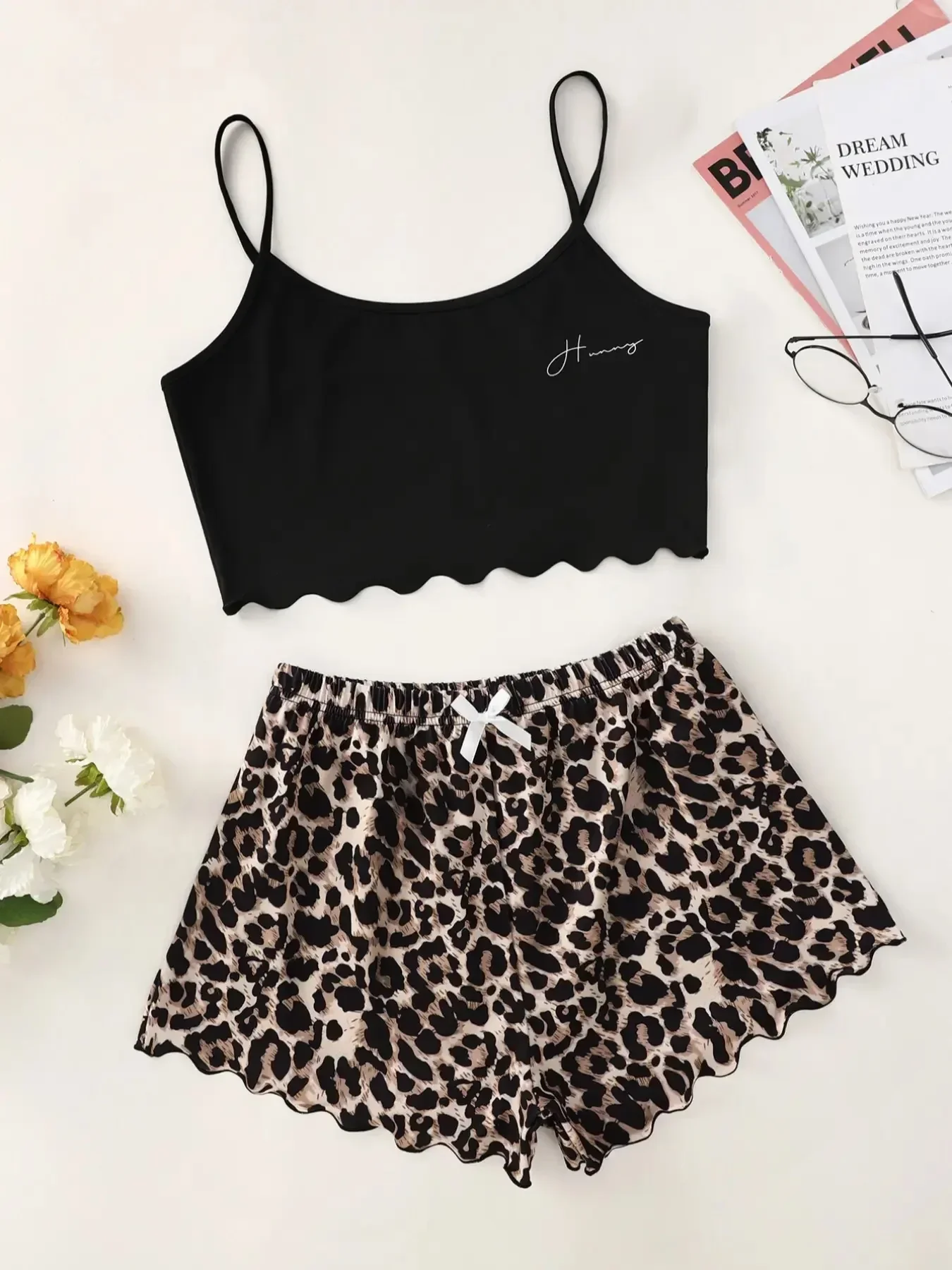 Leopard Print Sling Sleepwear Women\'s Pajamas Set Sexy Lingerie V-Neck Sleeveless Top and Shorts Sets Pyjamas Homewear