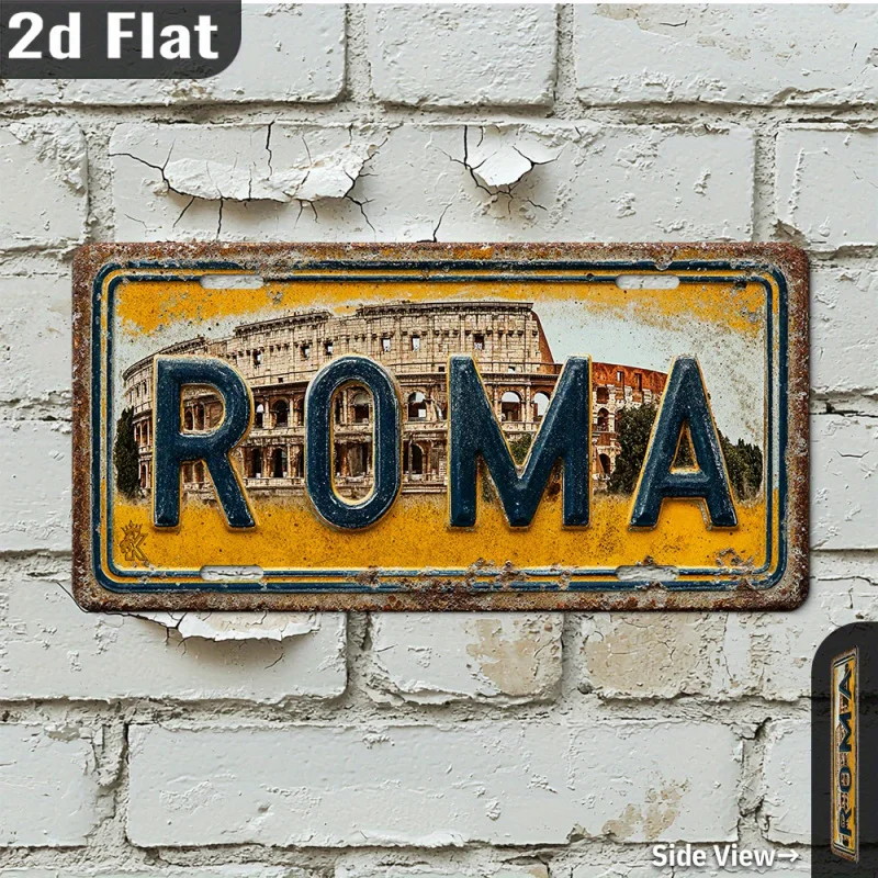 2D شقة، 1PC خمر الألومنيوم روما إيطاليا لوحة ترخيص جدار الفن - 12 "x 6" (30x15 سم) تصميم الكولوسيوم الأصفر والأزرق المتعثرة #6