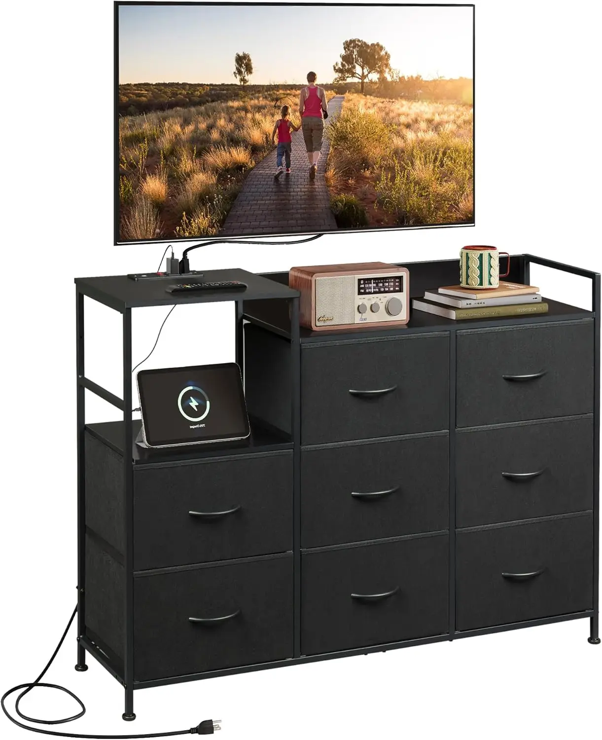 

Black TV Stand with Charging Station, Entertainment Center with 8 Fabric Drawer, TV Media Console Table Open Storage Shelves