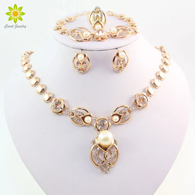 Gold Color Imitation Pearl Wedding Costume Necklace Earrings Sets Fashion Romantic Clear Crystal Women Party Gift Jewelry Sets