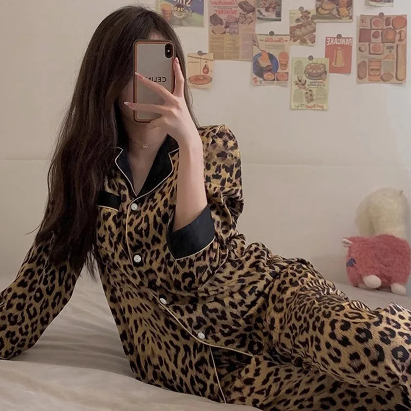 Pyjama à manches longues pour femme, ensemble de maison de style coréen, à la mode et Sexy, imprimé léopard, nouvelle collection printemps et automne hiver