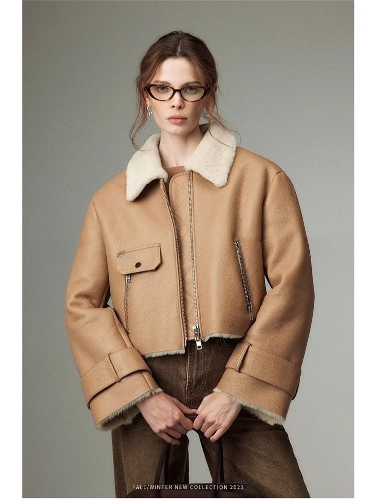 

High-end Luxury Merino Sheep Fur Cropped Jackets for Women 2026 New Simple Casual Warm Winter Genuine Leather Real Fur Coat