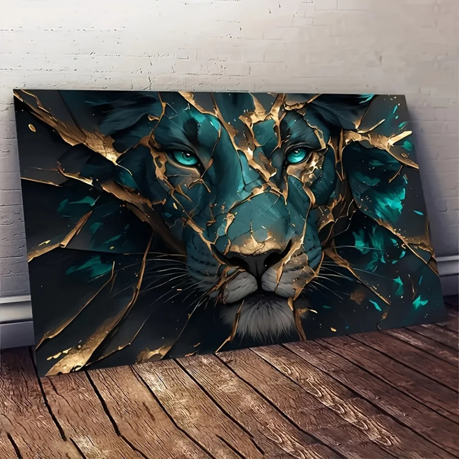 Green Lion Canvas Art Print - Golden Fractured Style, No Framed Abstract Animal Wall Decor, Perfect for Living Room, Bedroom, or