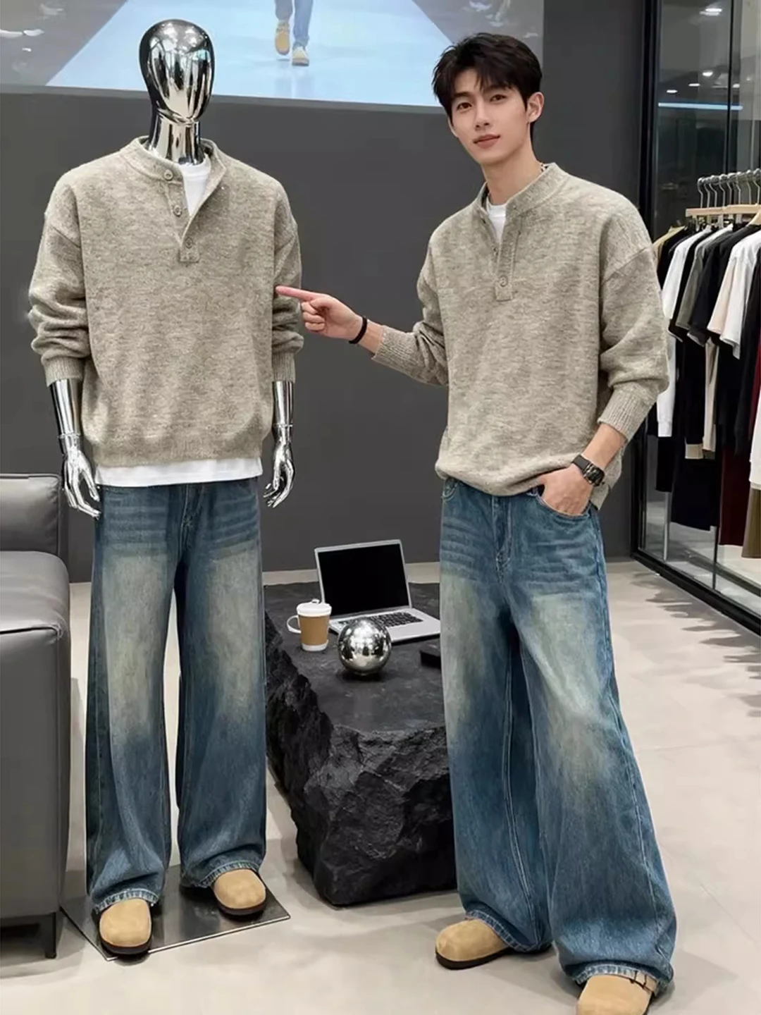 

Мужской трикотажный свитер Cleanfit с воротником хенли, стандартный крой, повседневный, в американском ретро-стиле, базовый слой для осени и зимы