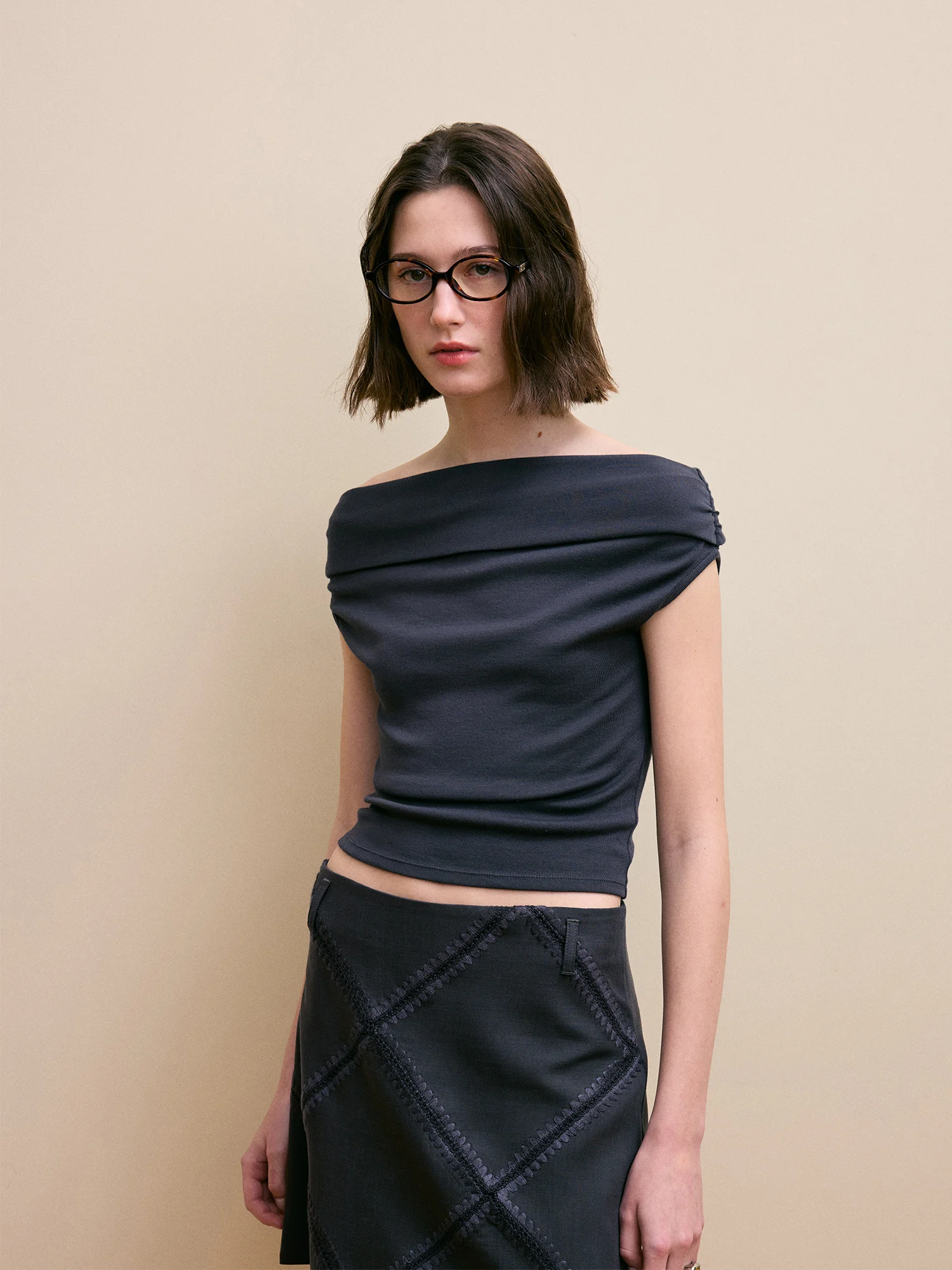 

Un25 Sweet And Cool Knitted oulder Bared Svel T irt Original Design Cotton Blend Fabric ort Sle Pure Color