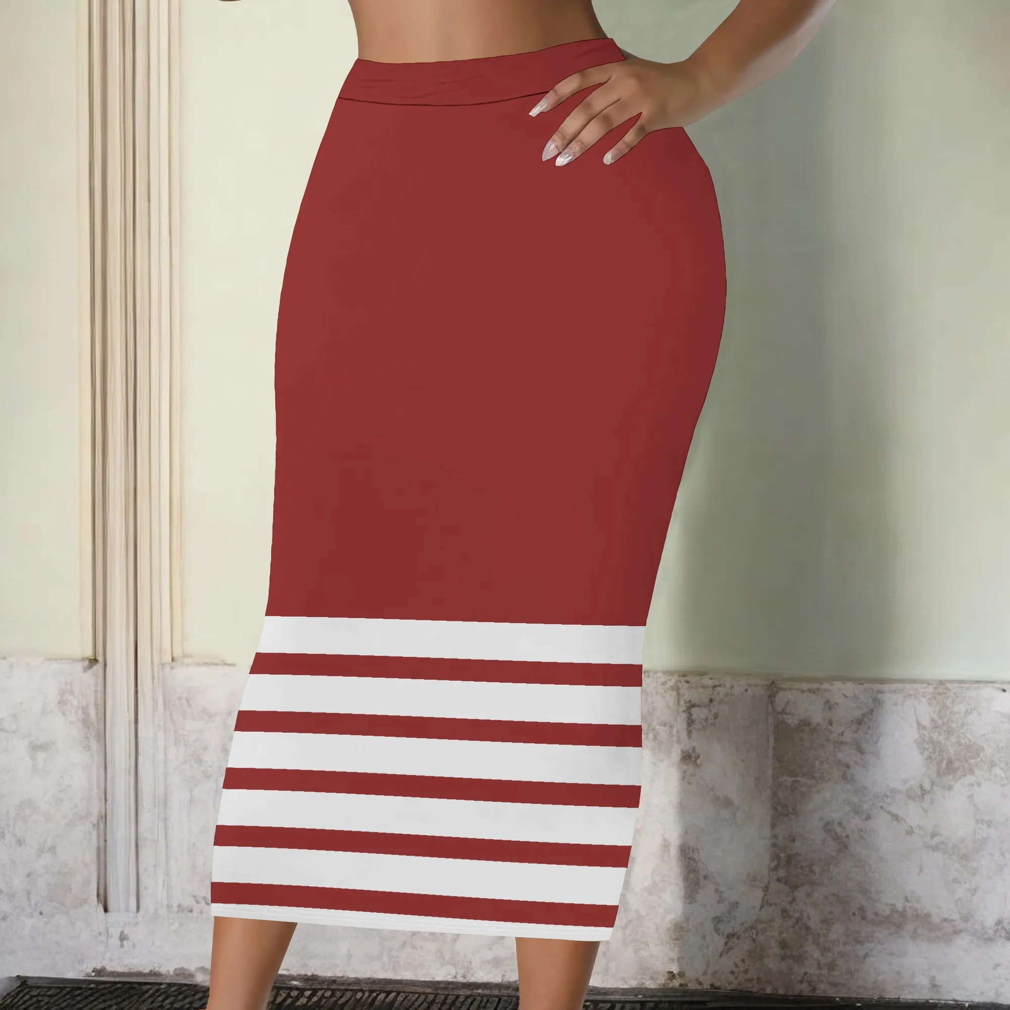 Rot gestreifter Rock, Midi-Bleistiftrock, figurbetonte Hose, Freizeitkleidung für Damen, S-2XL – Detail 9