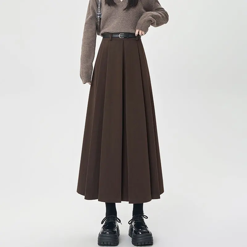 

Qiukichonson Midi Long Skirts Womens Woolen Skirt 2025 Autumn Winter Korean Vintage High Waist Ruffle Pleated Skirts Maxi rok