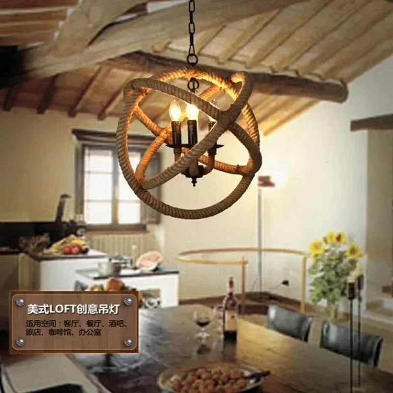 Retro industrial restaurant, American country, creative bar, coffee  hemp rope, chandelier