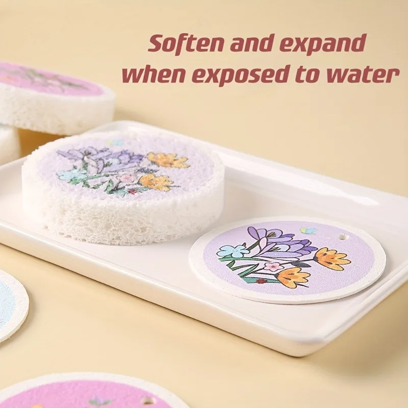 Circular Compressed Wood Pulp Cotton Dishwashing Cloth, Flower Sponge, Dishwashing Brush, Oil-proof Double-sided Cleaning