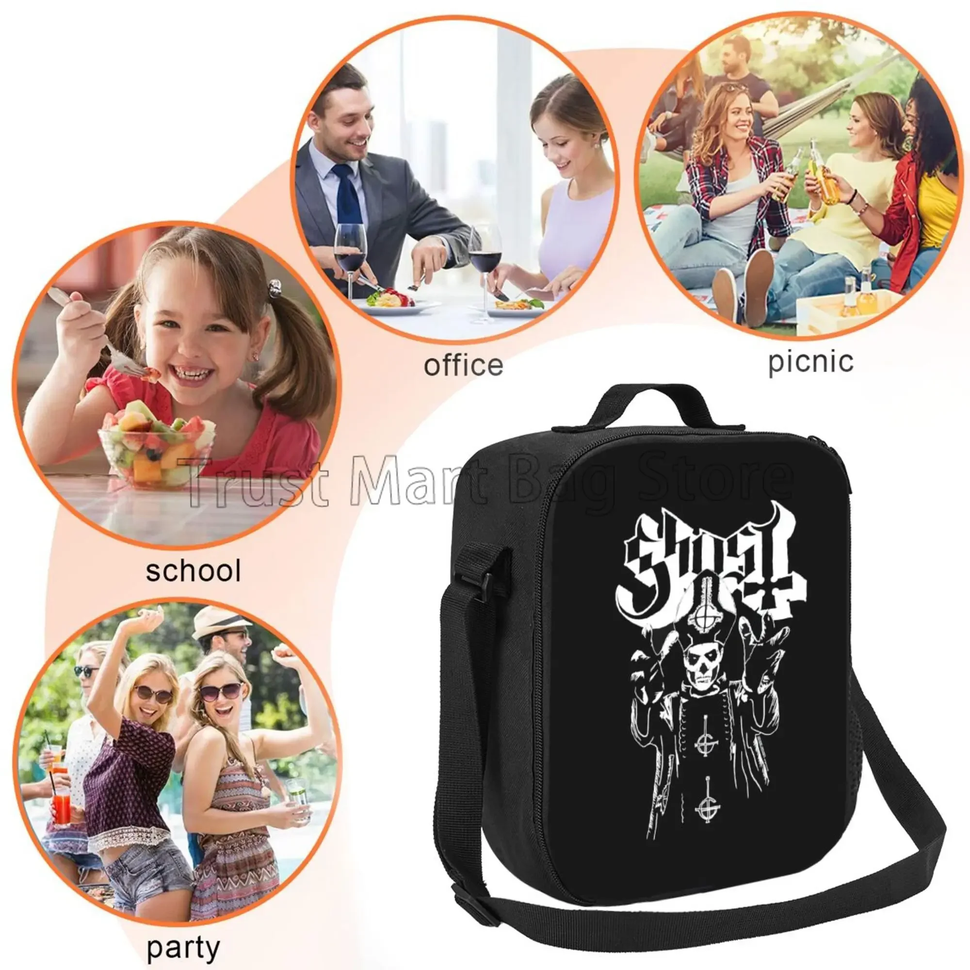 Band Ghost B.C. Insulated Lunch Bag for Women Men Reusable Lunch Box for Office Work Cooler Bag with Adjustable Shoulder Belt