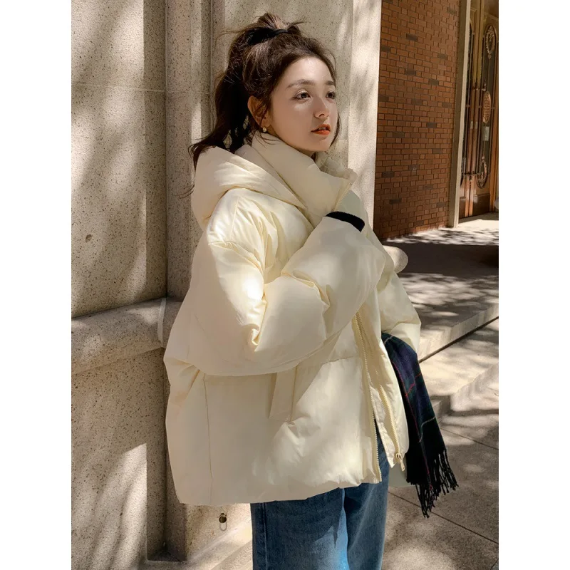 Small Cotton-padded Women Autumn Winter 2024 New Simple All-in-one Korean Design Sense Hooded Down Short Solid Color Coat