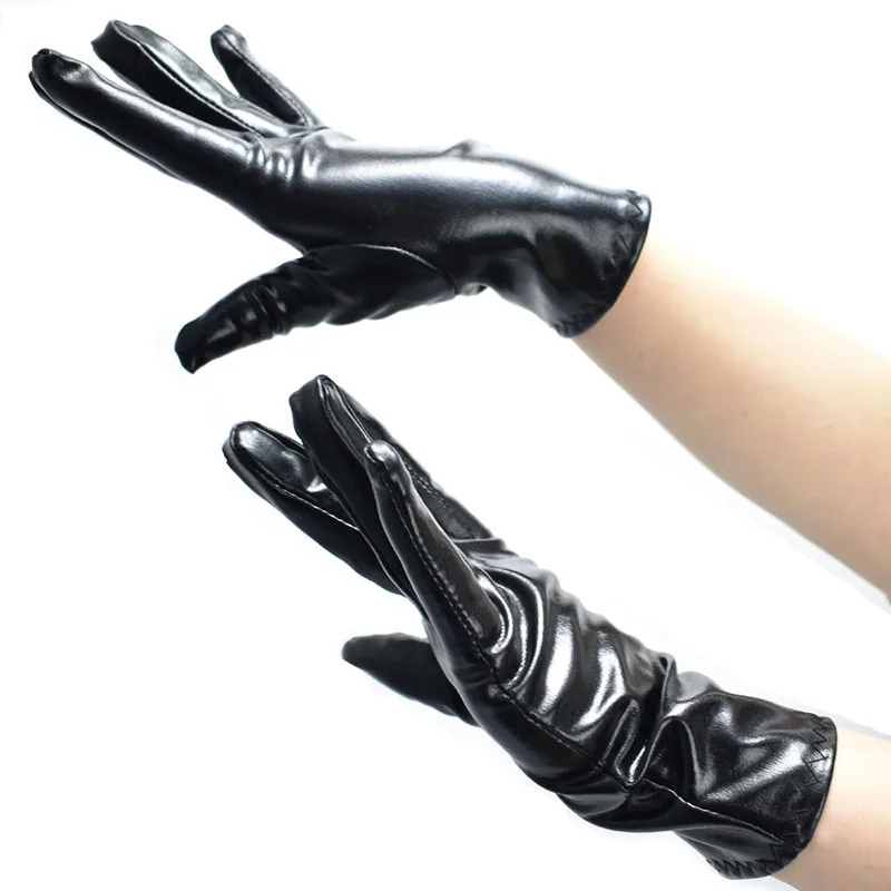 Black Patent PU Leather Long Wrist Gloves Women Sexy Cosplay Gloves Five Finger Gloves Mittens Etiquette Performance Gloves 2023