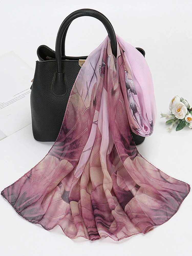 Lotusblütenmuster Simulation Seidenschal Damen Chiffon Schal Lange Gaze Leichter Halstuch Modischer Schal Hijab – Detail 2