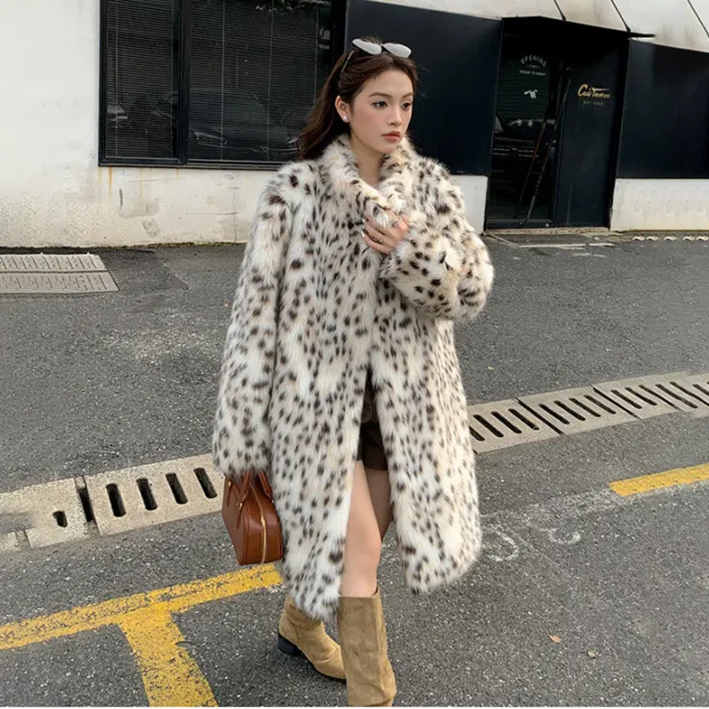 Leopard Print Fur Thicke Fur Jacket Women's Outwear Autumn Winter New Eco-Friendly Faux Fox Fur Leopard Print Lapel Fur Coat