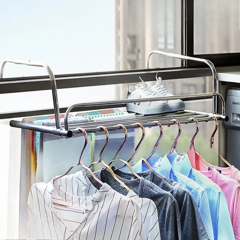 Telescopic Stainless Clothes Drying Rack, Balcony Guardrail Shoe Dryer,Foldable Wing Sunning Rod, Adjustable Length Window Airer