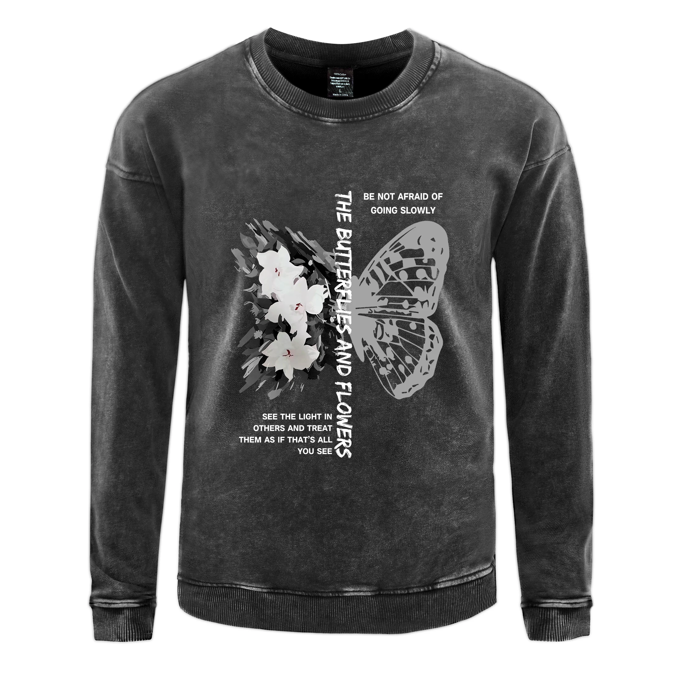 Oversized Men's Washed Hoodie The Butterflies And Flowers Printing Sweatshirt Autumn Crewneck Cotton Pullover Casual Clothing