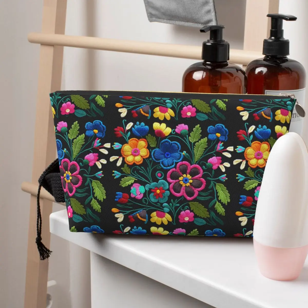 Mexican Embroidered-Looking Flowers 2 Women Cosmetic Bag Travel Makeup Organizer Pouch Toiletry Storage Dopp Kit Box