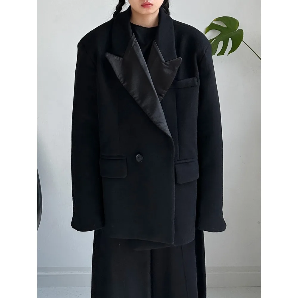 

SuperAen Свободный шерстяной пиджак в стиле пэчворк с отложным воротником и подплечниками Oversize High Street Черный дизайн Блейзер