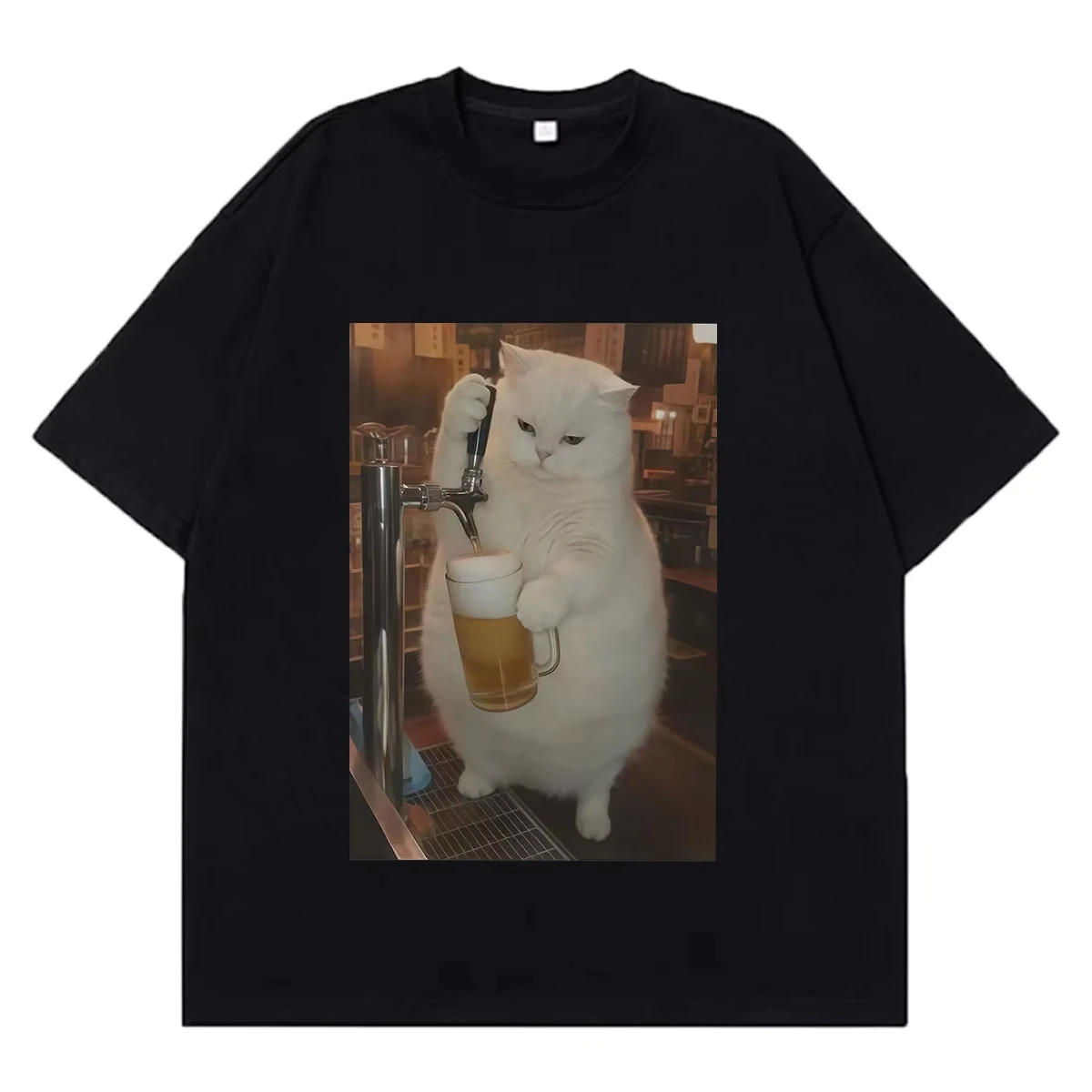 Funny Drinking Cat Meme T-shirt Men Women Fashion Vintage T-shirt Short-sleeved Loose Casual Cotton Aesthetic Trend T-shirts