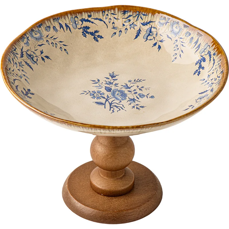 

Medieval high-footed plate retro wood ceramic fruit plate, orange tray housewarming new home fruit plate