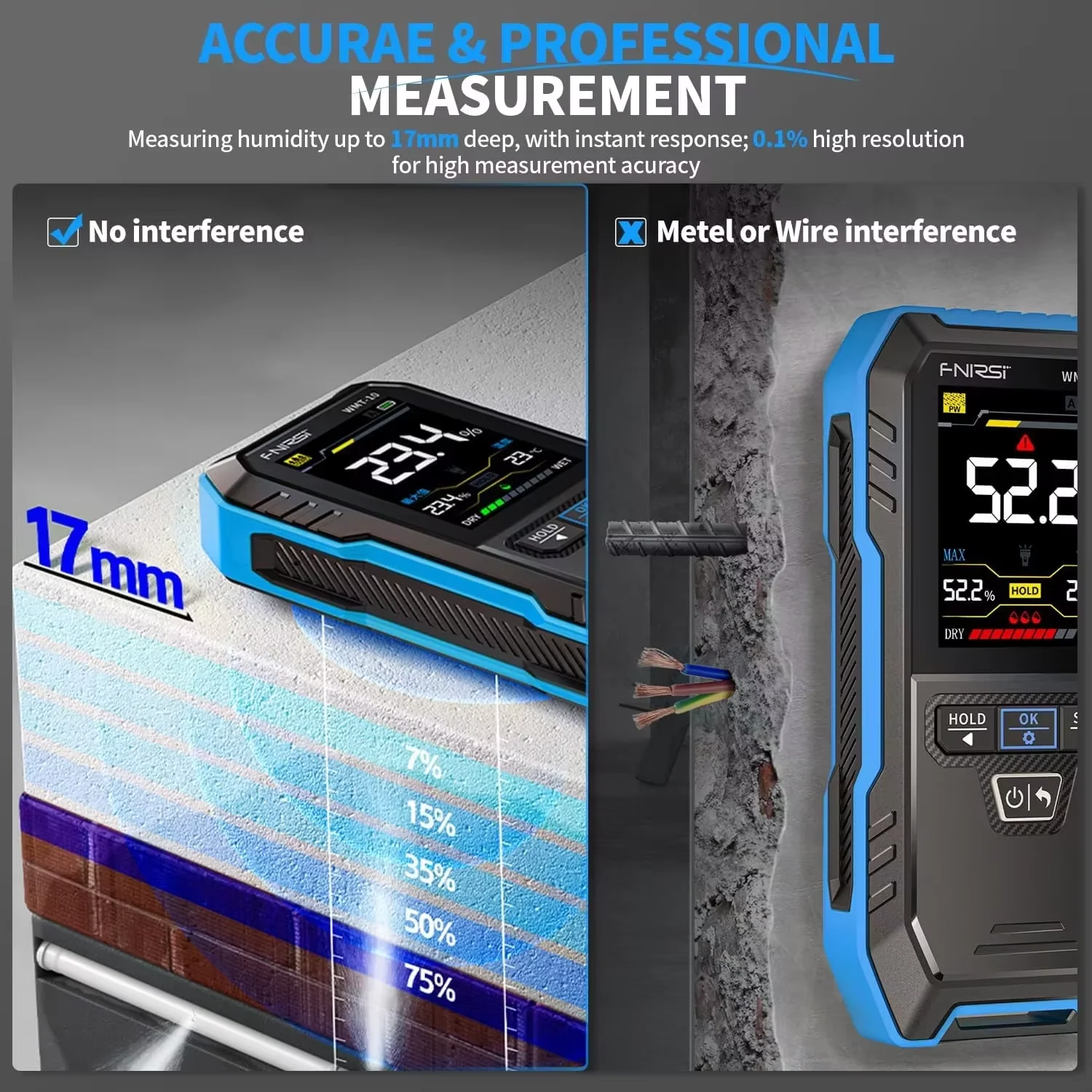 Pinless Digital Wood Moisture Meter WMT-10 Rechargeable Data Hold Record Wood Wall Firewood Damp Testing Detector