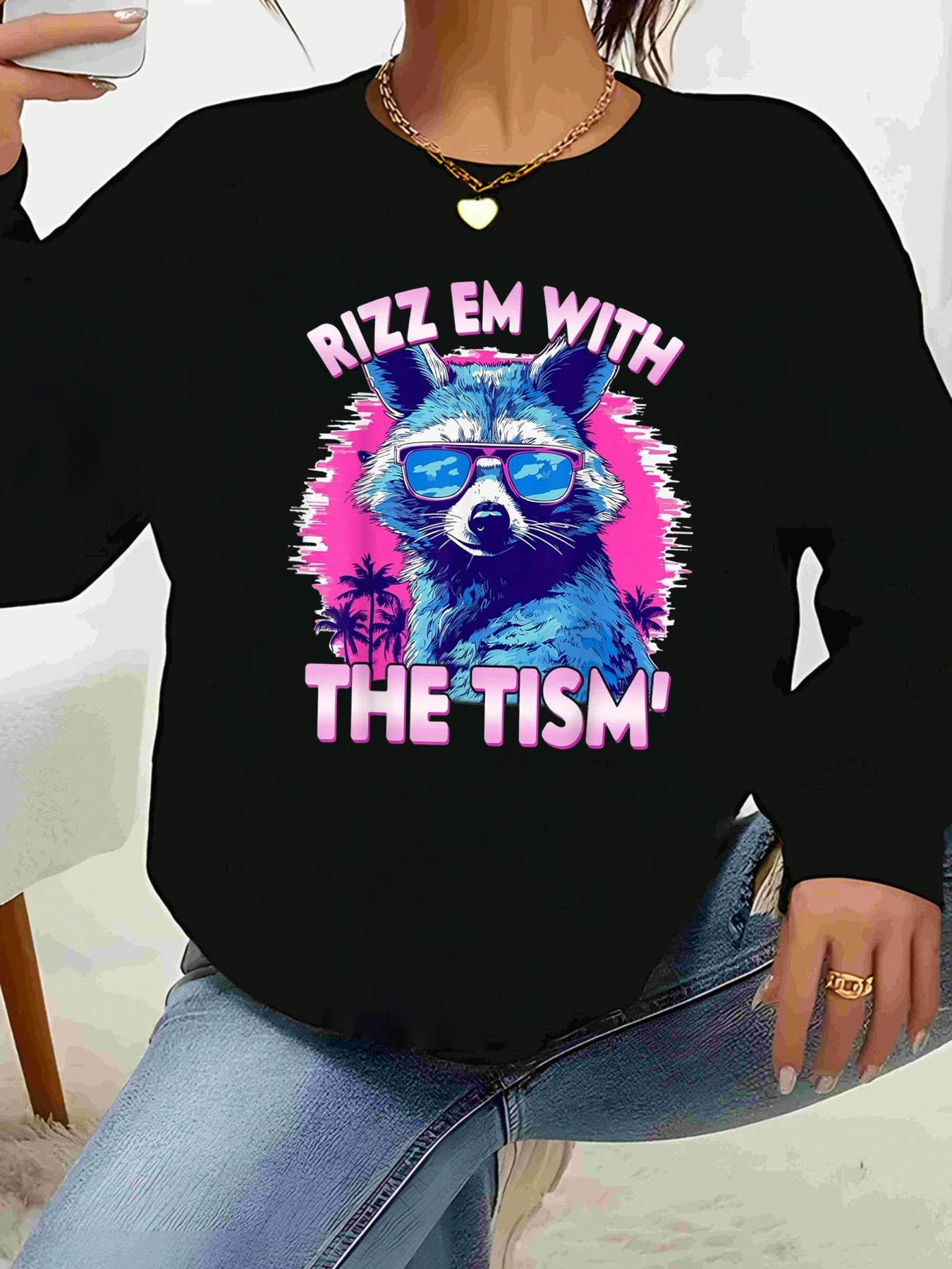 

Толстовка с рисунком «Енот в солнцезащитных очках» Rizz Em with the Tism, повседневная одежда для женщин