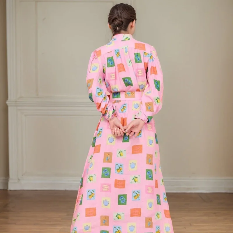 أنيقة مطبوعة الخصر فقاعة الصدر فستان طويل ضرب اللون عادية نصف الياقة المدورة قمصان طويلة الأكمام المرقعة حزام فساتين